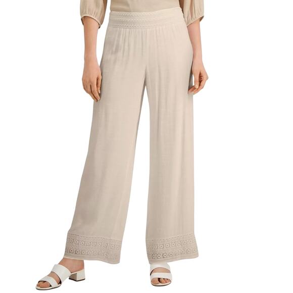JM Collection Pants Womens 10P Tan Boho Crochet Gauze Pull On Wide Leg Lined - Picture 1 of 9